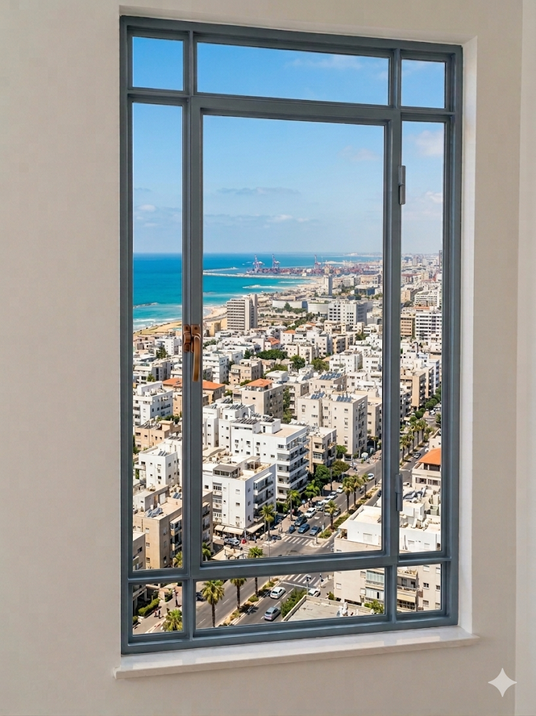 חלון בלגי אנכי עם פרופיל אפור ונוף עירוני