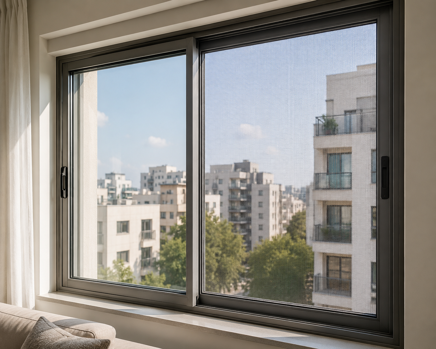 רשת נגד יתושים מותקנת על חלון הזזה אלומיניום עם נוף עירוני