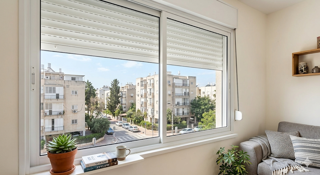 תריס גלילה חדש מותקן על חלון בסלון מודרני